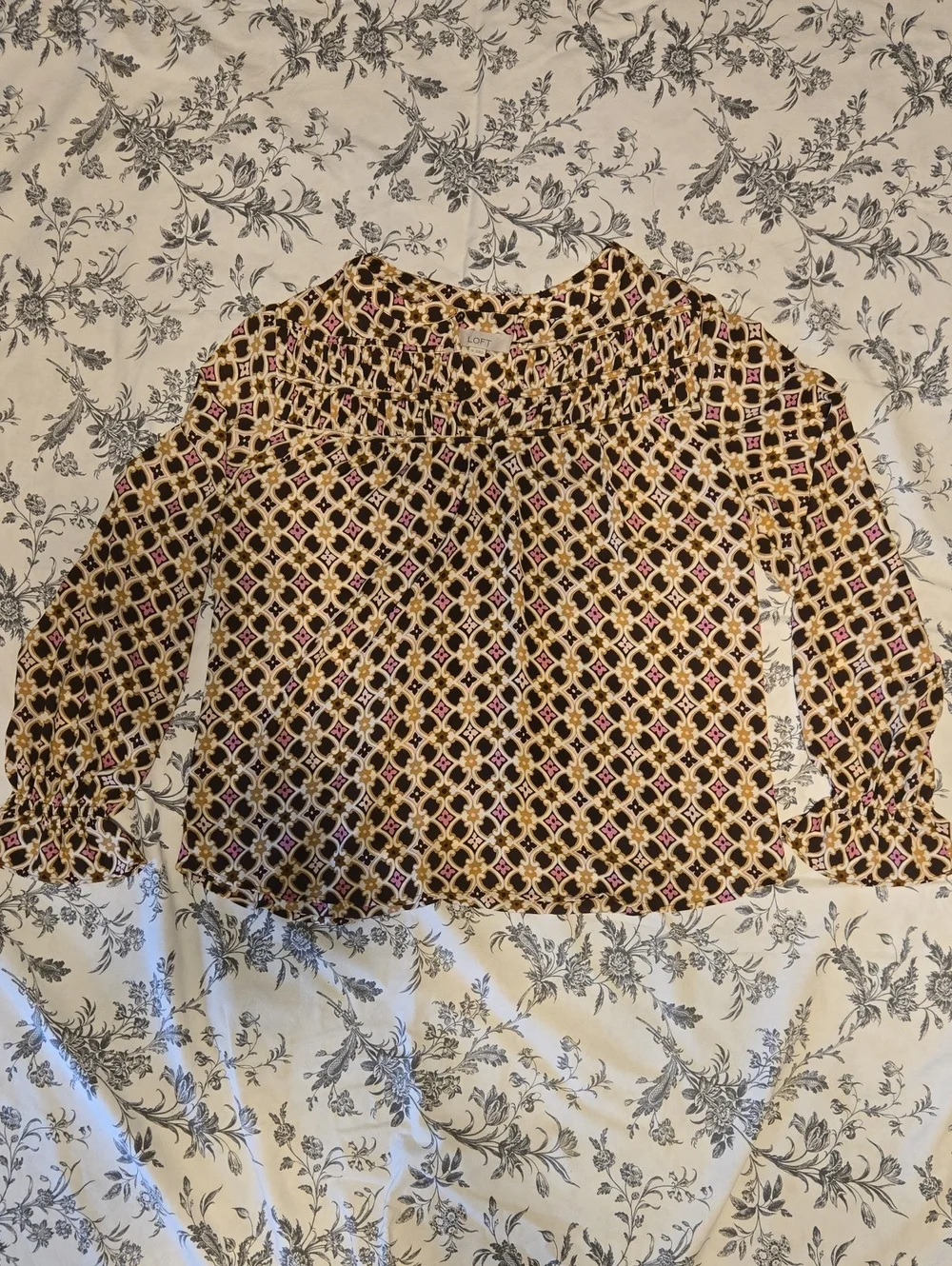 LOFT Geometric Print Long-Sleeve Blouse in Brown, Cream and Pink